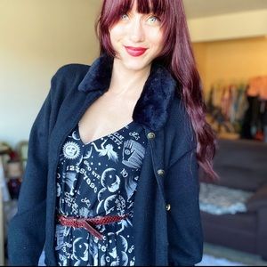 Vintage Black Button Front Faux Fur Collar Sweater